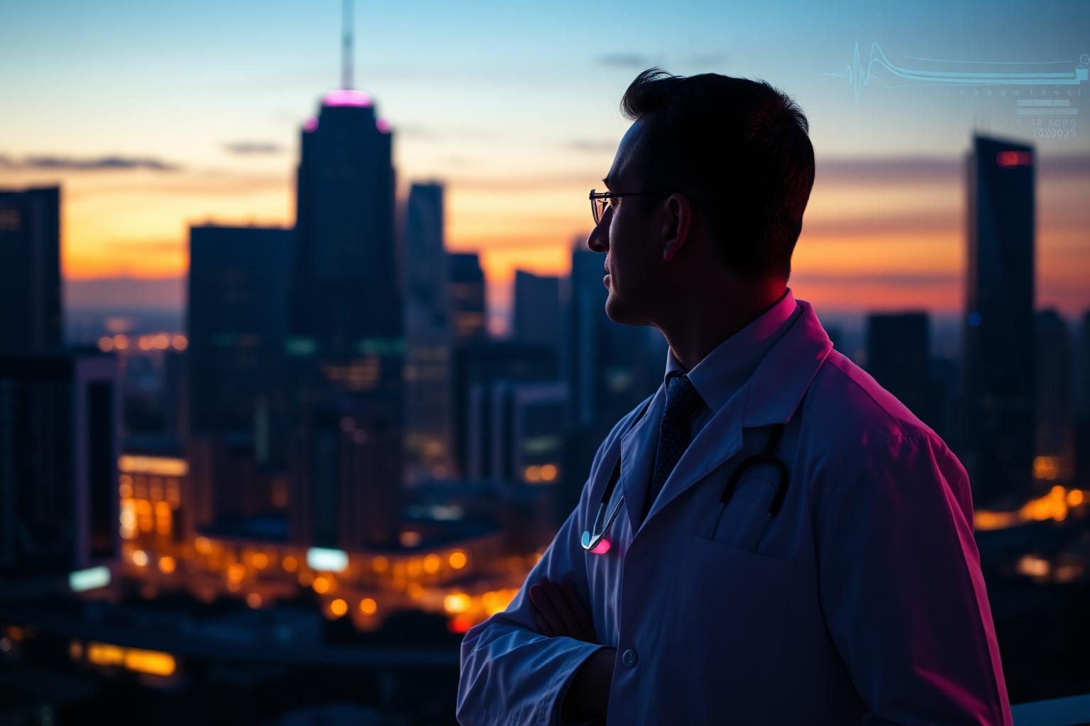 Physician overlooking modern city skyline